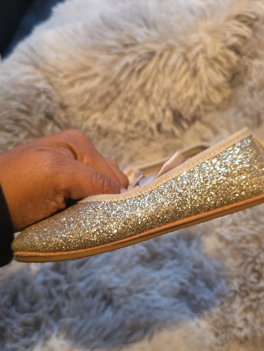 H&M Girls' Glitter Bow Ballet Flats in Pale Gold